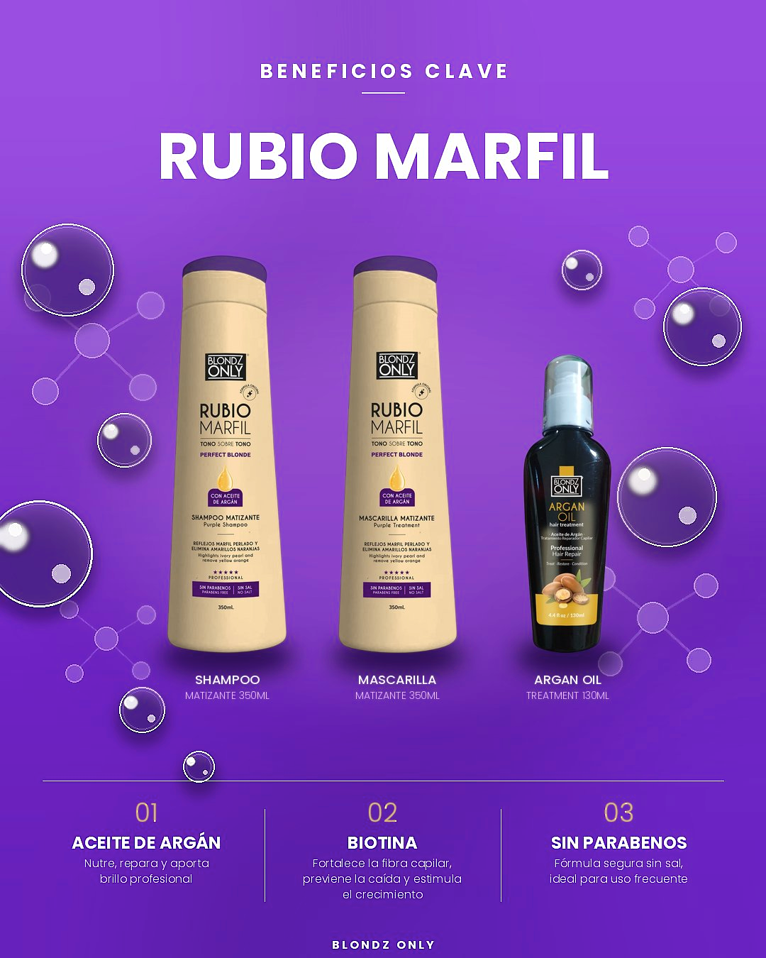 Blondz Only Kit x3 Blondz Only Rubio Marfil 350 ml (Shampoo Blondz Only + Macarilla Blondz Only 350ml + Aceite de Argan) ENVÍO GRATIS