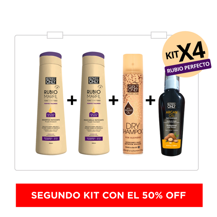 KIT x4  RUBIO PERFECTO Blondz Only Rubio Marfil (Shampoo Blondz 1 und, 1 und Macarilla Blondz Only 350ml, 1 und Aceite Argan y 1 und Girlz Only Shampoo Seco Blonde ) ENVIO GRATIS