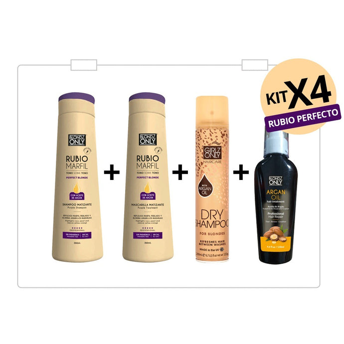 KIT para RUBIAS PERFECTO Blondz Only Rubio Marfil (Shampoo Blondz 1 und, 1 und Macarilla Blondz Only 350ml, 1 und Aceite Argan y 1 und Girlz Only Shampoo Seco Blonde ) ENVIO GRATIS