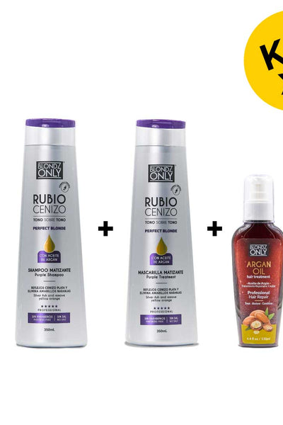 Blondz Only Kit x3 Blondz Only Rubio Cenizo 350 ml (Shampoo Blondz 1 und, 1 und Macarilla Blondz Only 350ml y 1 und Blondz Aceite de Argan)