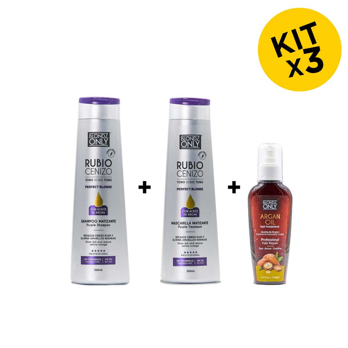 Blondz Only Kit x3 Blondz Only Rubio Cenizo 350 ml (Shampoo Blondz 1 und, 1 und Macarilla Blondz Only 350ml y 1 und Blondz Aceite de Argan) ENVÍO GRATIS